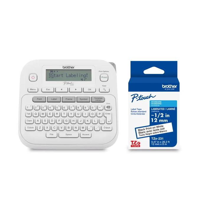 Brother PT-D220 Home and Office Everyday Label Maker + Brother Genuine TZe231 Black on White – 12 mm wide x 8 m long Label Tape, , large