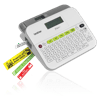 Brother PTD400 desktop label maker with QWERTY keyboard and colorful sample labels