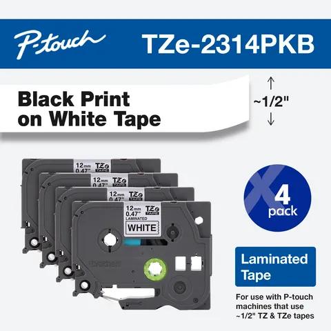 Brother P-touch TZe-2314PKB laminated tape 4-pack, black on white, 1/2 inch