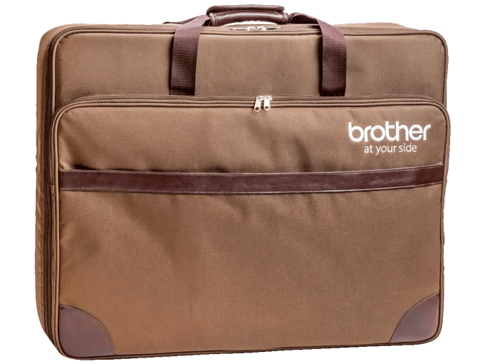 Brother brown carrying case with multiple compartments and shoulder strap