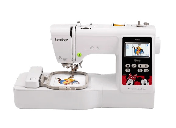 Brother PE550D embroidery machine with touchscreen and floral design in hoop