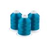Three aqua embroidery thread spools on white bases