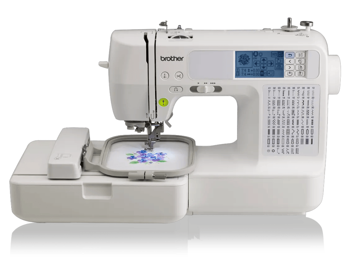 Brother LB6800 sewing and embroidery machine with LCD screen and floral design in hoop