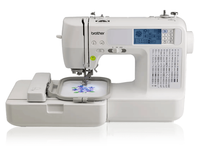 Brother LB6800 sewing and embroidery machine with LCD screen and floral design in hoop