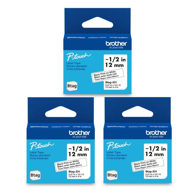 Brother Genuine BTAG 3-pack Non-Laminated Tape for P-touch Label Makers, Black on White – 12 mm wide x 4 m long, , large