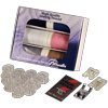 Brother sewing accessory kit with thread spools, bobbins, needles, and presser feet