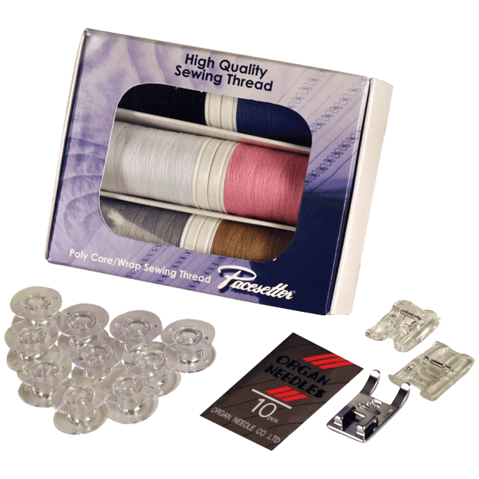 Brother sewing accessory kit with thread spools, bobbins, needles, and presser feet