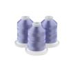Three soft purple embroidery thread spools on white bases