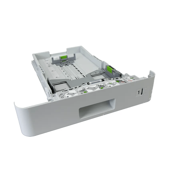Brother printer paper tray with adjustable guides and green release tabs
