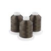 Three spools of dark olive embroidery thread with white caps on white bases