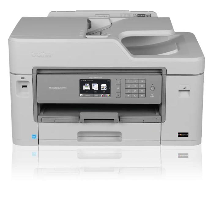 Brother MFC-J5830DW all-in-one inkjet printer with dual paper trays and touchscreen