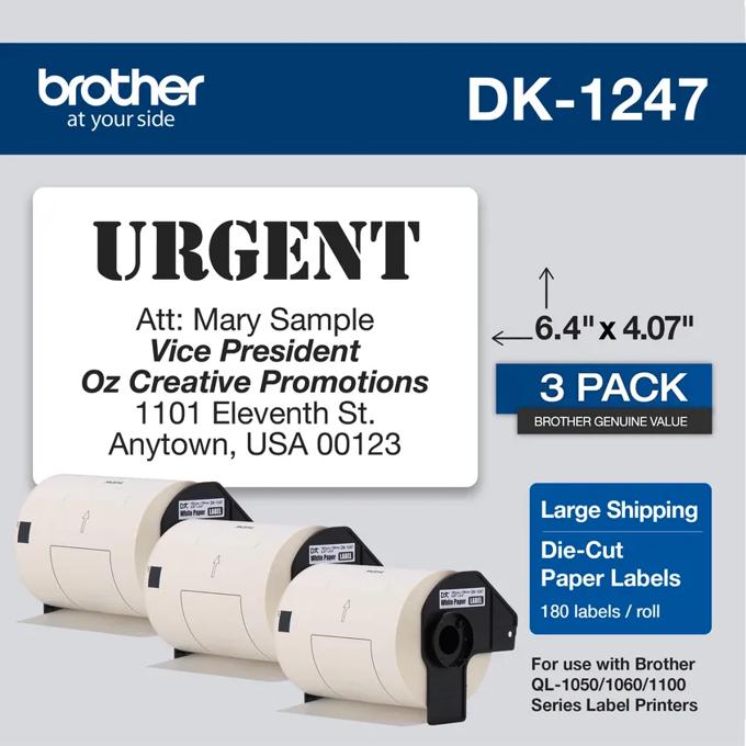Brother DK-1247 large shipping labels, 3-pack die-cut paper rolls for label printers