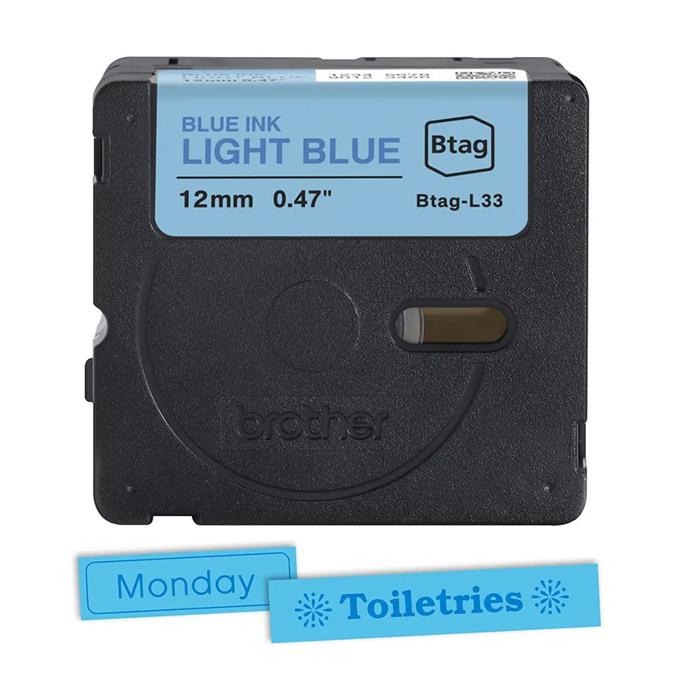 Brother Btag-L33 12mm light blue labeling tape cartridge with sample labels