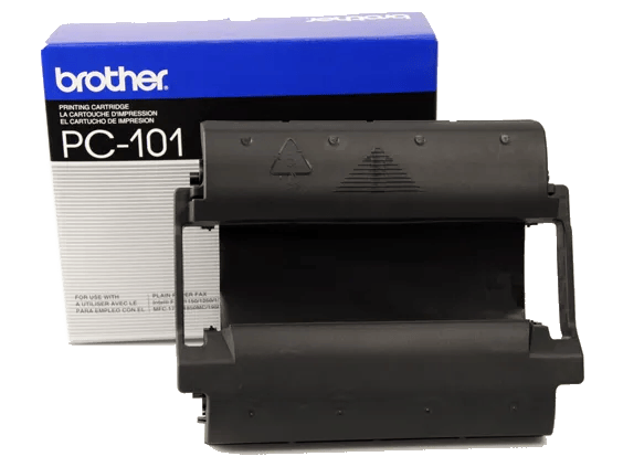 Brother PC-101 printing cartridge with black thermal fax ribbon and blue packaging box