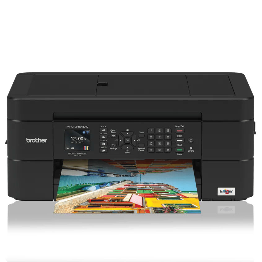 Brother MFC-J491DW wireless all-in-one inkjet printer with color document in output tray