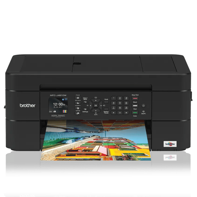 Brother MFC-J491DW wireless all-in-one inkjet printer with color document in output tray
