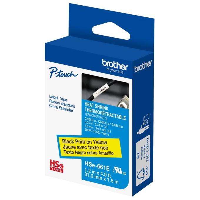 Brother HSe-661E heat-shrink tube label tape, black on yellow, 1.2 in x 4.9 ft