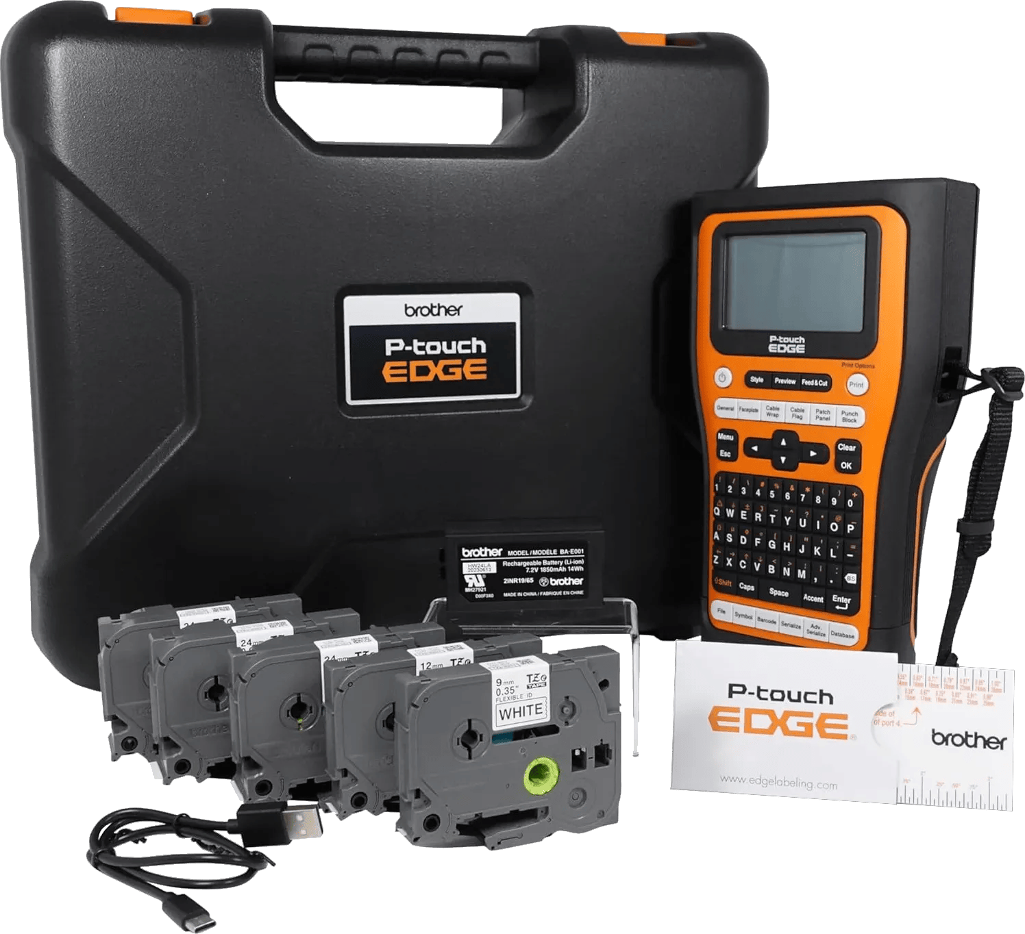 Brother P-touch EDGE label maker with carrying case, tape cartridges, and accessories