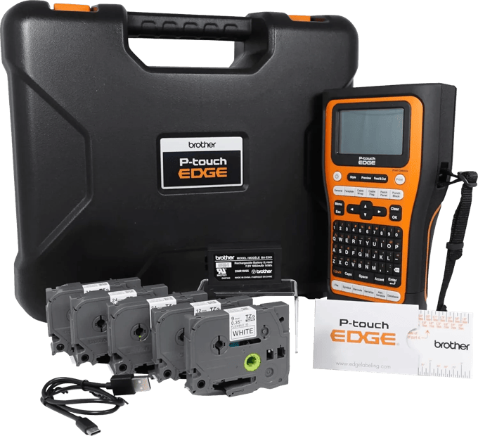 Brother P-touch EDGE label maker with carrying case, tape cartridges, and accessories