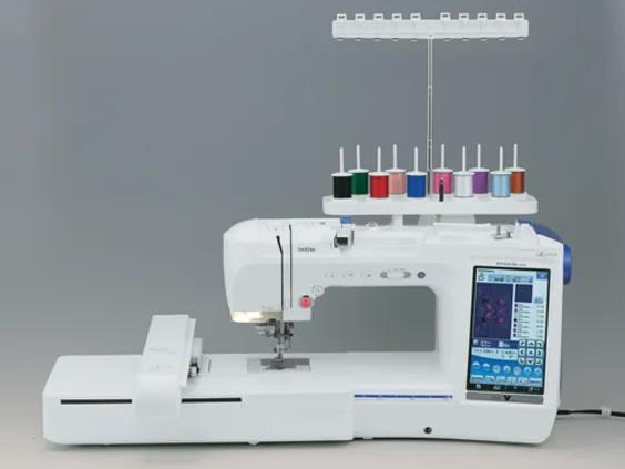Brother embroidery machine with touchscreen and multi-color thread rack