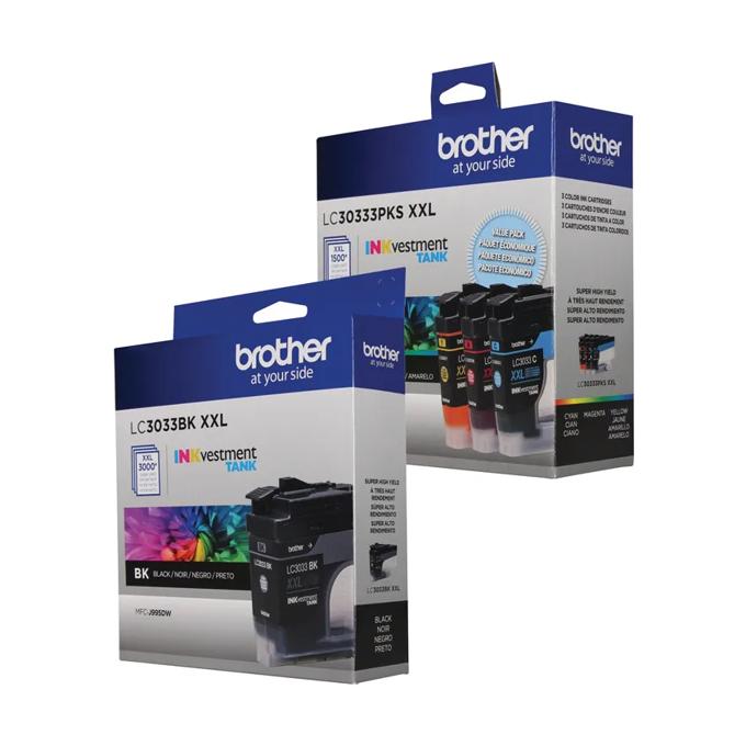Brother LC3033 XXL high-yield ink cartridge bundle in black and color