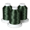Three spools of dark green embroidery thread on white bases