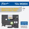 Cinta de etiquetas laminada Brother TZe-MQ934 con impresión dorada sobre fondo plateado satinado