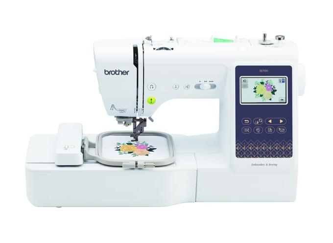Brother SE700 embroidery and sewing machine with touchscreen and floral design in hoop