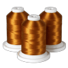 Three spools of golden embroidery thread on white bases for Brother sewing machines