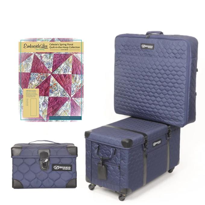 Brother quilted rolling case, storage box, and Embroider-Lee spring floral quilt pattern bundle