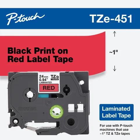 Cartucho de cinta de etiquetas laminadas Brother TZe-451 con texto negro sobre fondo rojo, ancho de 1 pulgada
