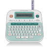 Brother PT-D215E label maker with QWERTY keyboard and LCD display in white and teal