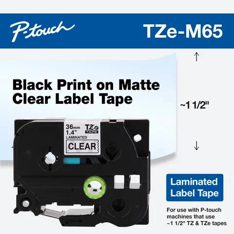 Brother TZe-M65 36mm laminated label tape cartridge with black print on matte clear background