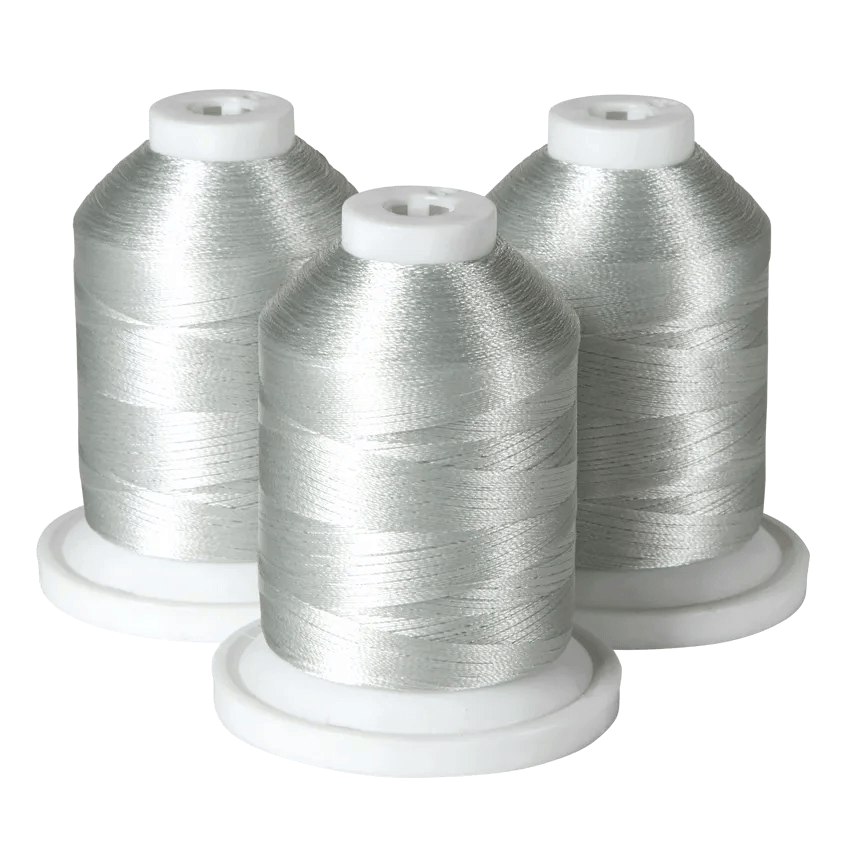 Three silver embroidery thread spools on white bases for Brother sewing machines