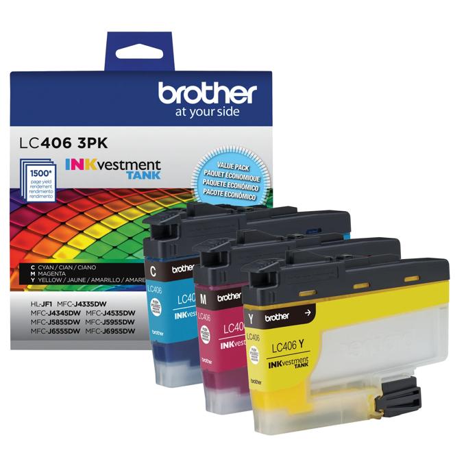 Brother LC406 3-pack INKvestment ink cartridges in cyan, magenta, and yellow with packaging