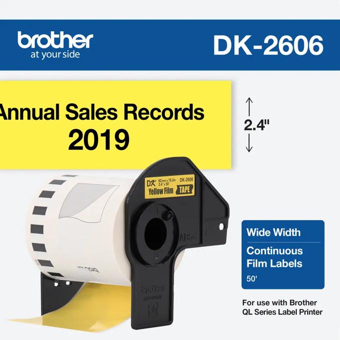 Brother DK-2606 continuous film label roll, 2.4 inches wide, yellow cartridge