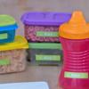 Brother TZe-MQG35 lime green label tape on food containers and sippy cup