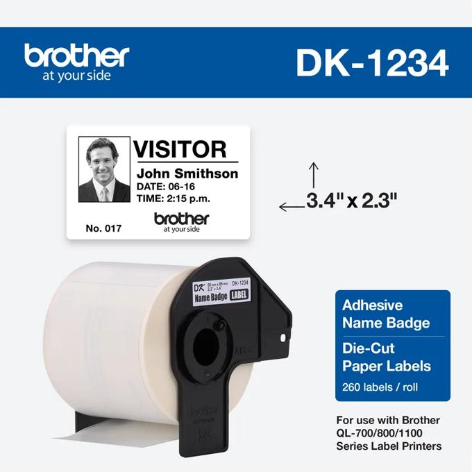 Brother DK-1234 adhesive name badge die-cut paper label roll with black cartridge