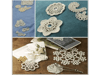 Delicate cream-colored lace doilies and decorative crochet pieces on fabric backgrounds