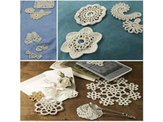 Delicate cream-colored lace doilies and decorative crochet pieces on fabric backgrounds