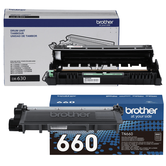 Brother DR-630 drum unit and TN-660 high-yield toner cartridge with packaging