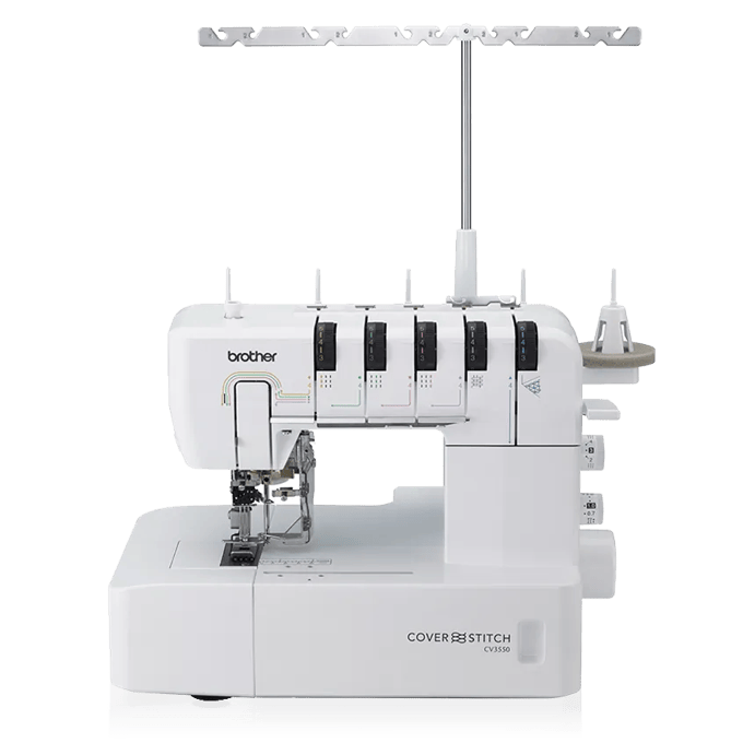Brother CV3550 double-sided cover stitch machine with white body and thread guides