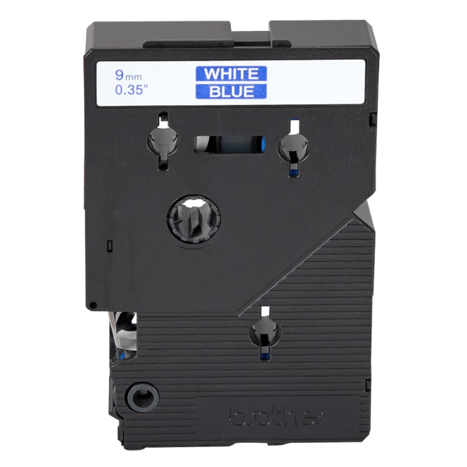 Brother 9mm label tape cartridge with white text on blue background