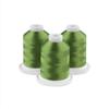 Three meadow green embroidery thread spools with white caps on circular bases