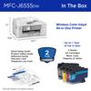 Brother MFC-J6555DW wireless color inkjet all-in-one printer with dimensions and included accessories