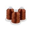 Three rust-colored embroidery thread spools with white caps on circular bases