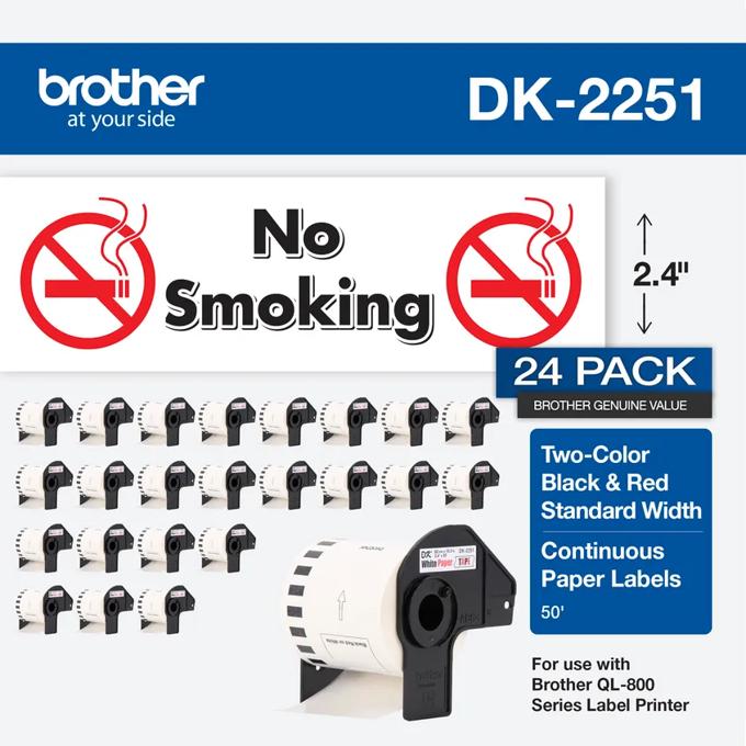 Brother DK-2251 continuous paper label rolls, 24-pack, black and red, 2.4 inches wide