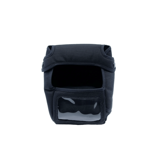 Black nylon carrying case with adjustable straps and transparent front pocket
