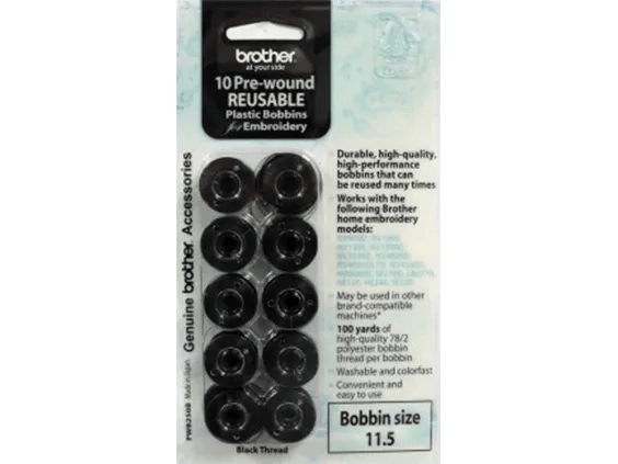 Brother 10 pre-wound reusable plastic bobbins for embroidery, black thread, size 11.5
