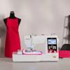 Brother sewing machine with embroidery hoop, touchscreen display, and red fabric on mannequin
